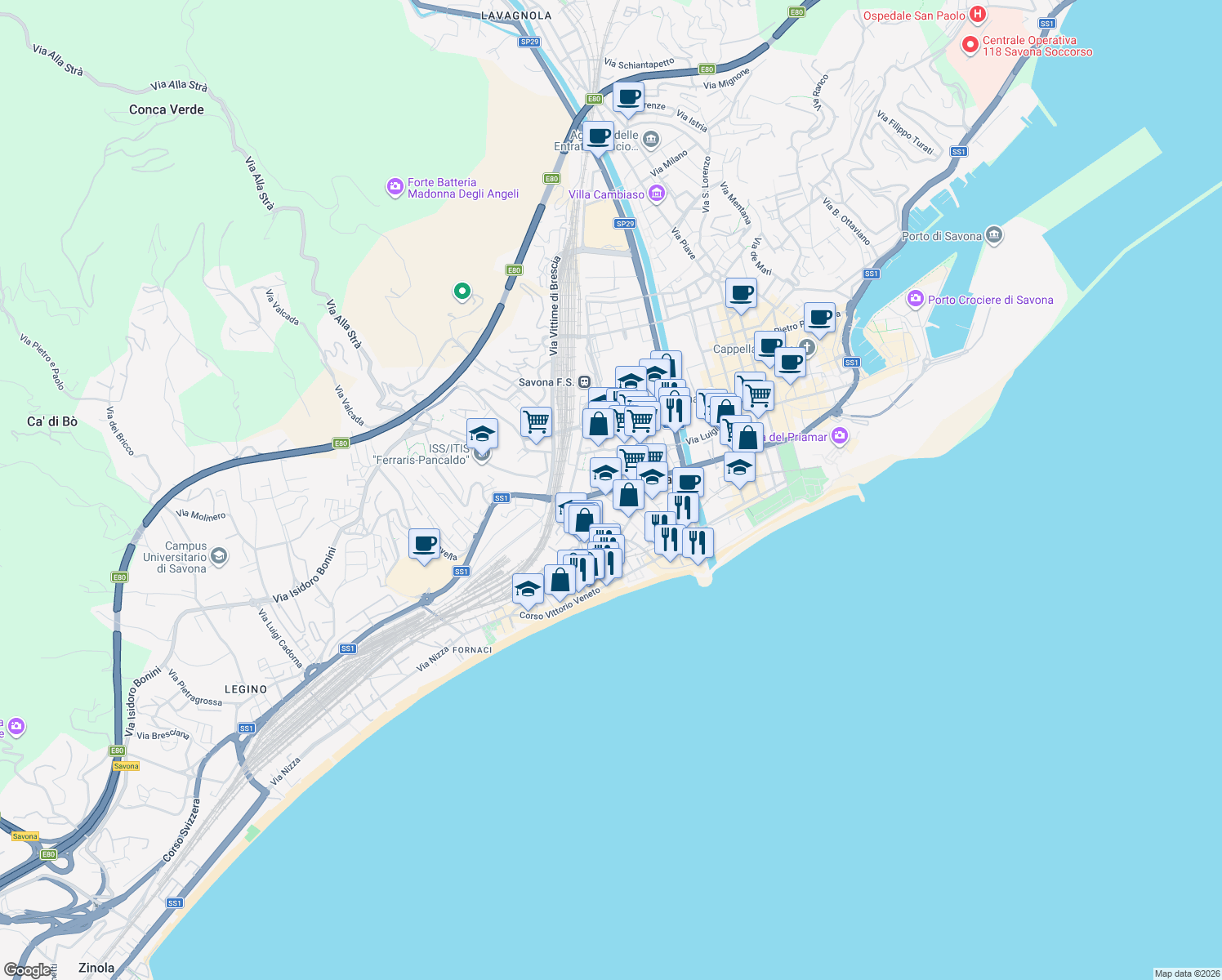 map of restaurants, bars, coffee shops, grocery stores, and more near 109 Corso Tardy e Benech in Savona