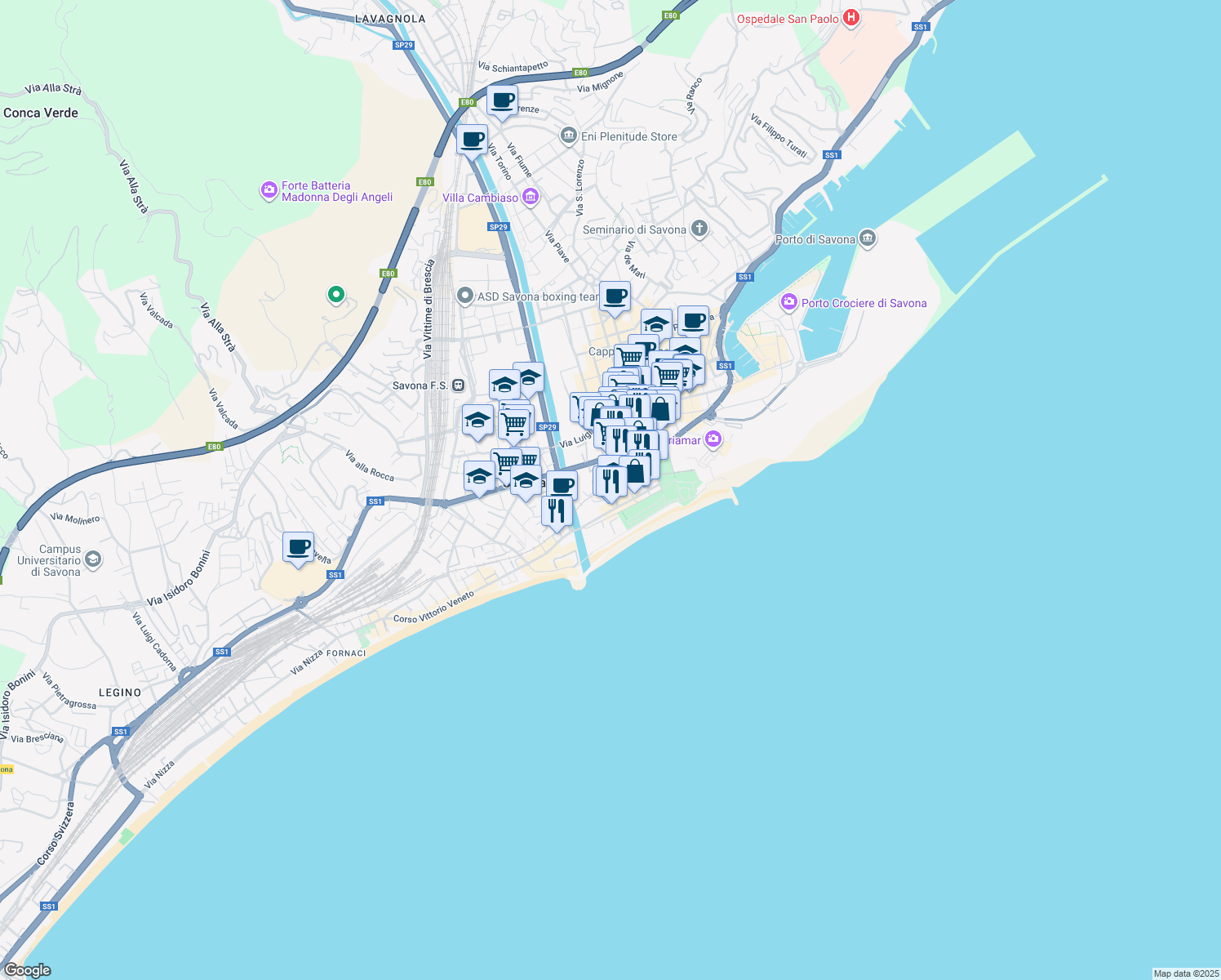 map of restaurants, bars, coffee shops, grocery stores, and more near 12 Corso Cristoforo Colombo in Savona