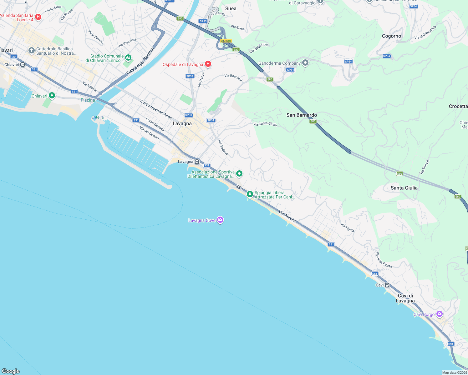 map of restaurants, bars, coffee shops, grocery stores, and more near Lungomare Labonia in Lavagna