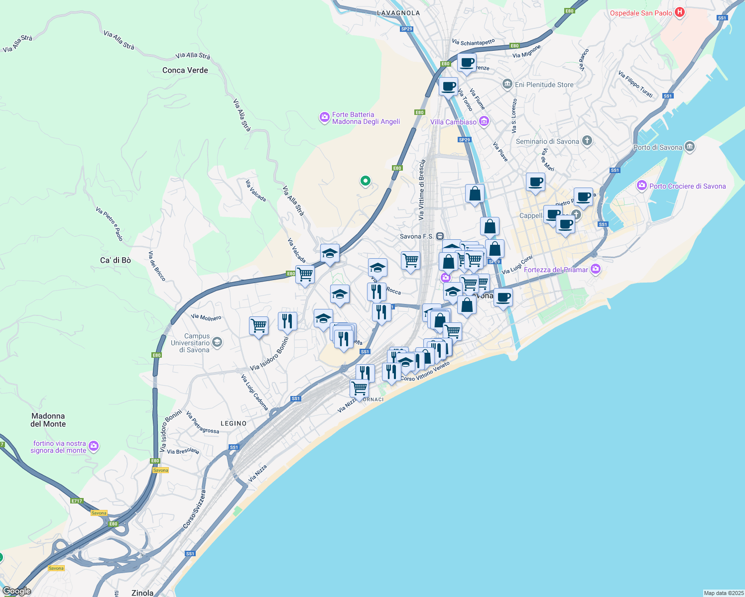 map of restaurants, bars, coffee shops, grocery stores, and more near Via Luciano Romagnoli in Savona