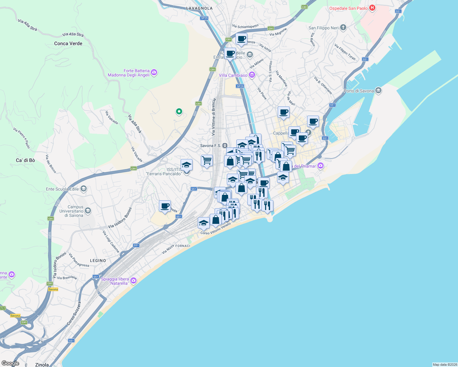 map of restaurants, bars, coffee shops, grocery stores, and more near 109 Corso Tardy e Benech in Savona