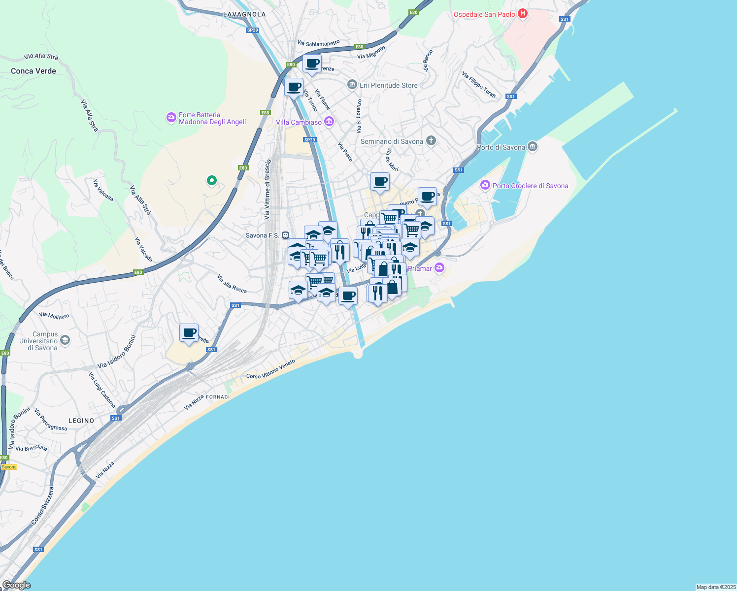 map of restaurants, bars, coffee shops, grocery stores, and more near 21 Corso Agostino Ricci in Savona