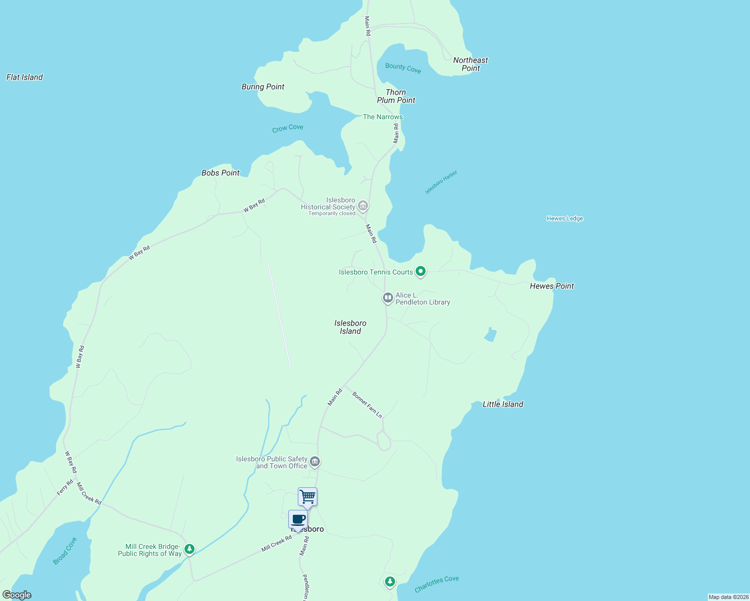 map of restaurants, bars, coffee shops, grocery stores, and more near 310 Main Road in Islesboro