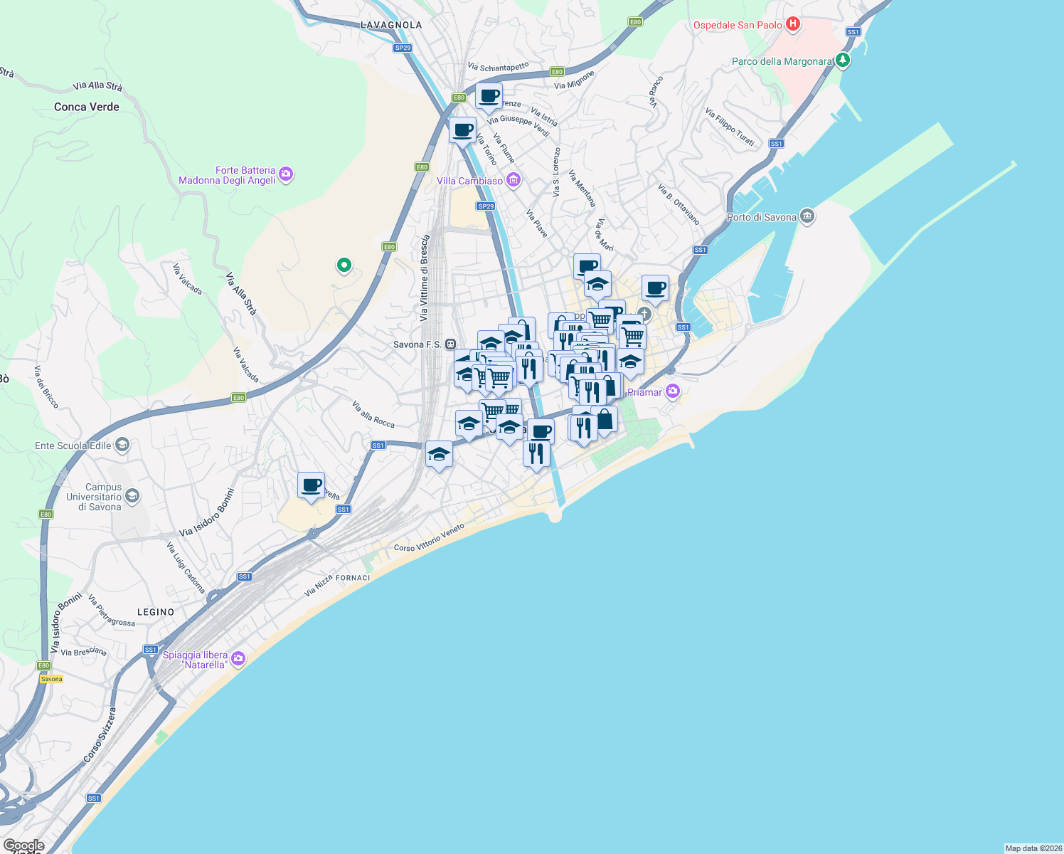 map of restaurants, bars, coffee shops, grocery stores, and more near Corso Mazzini in Savona