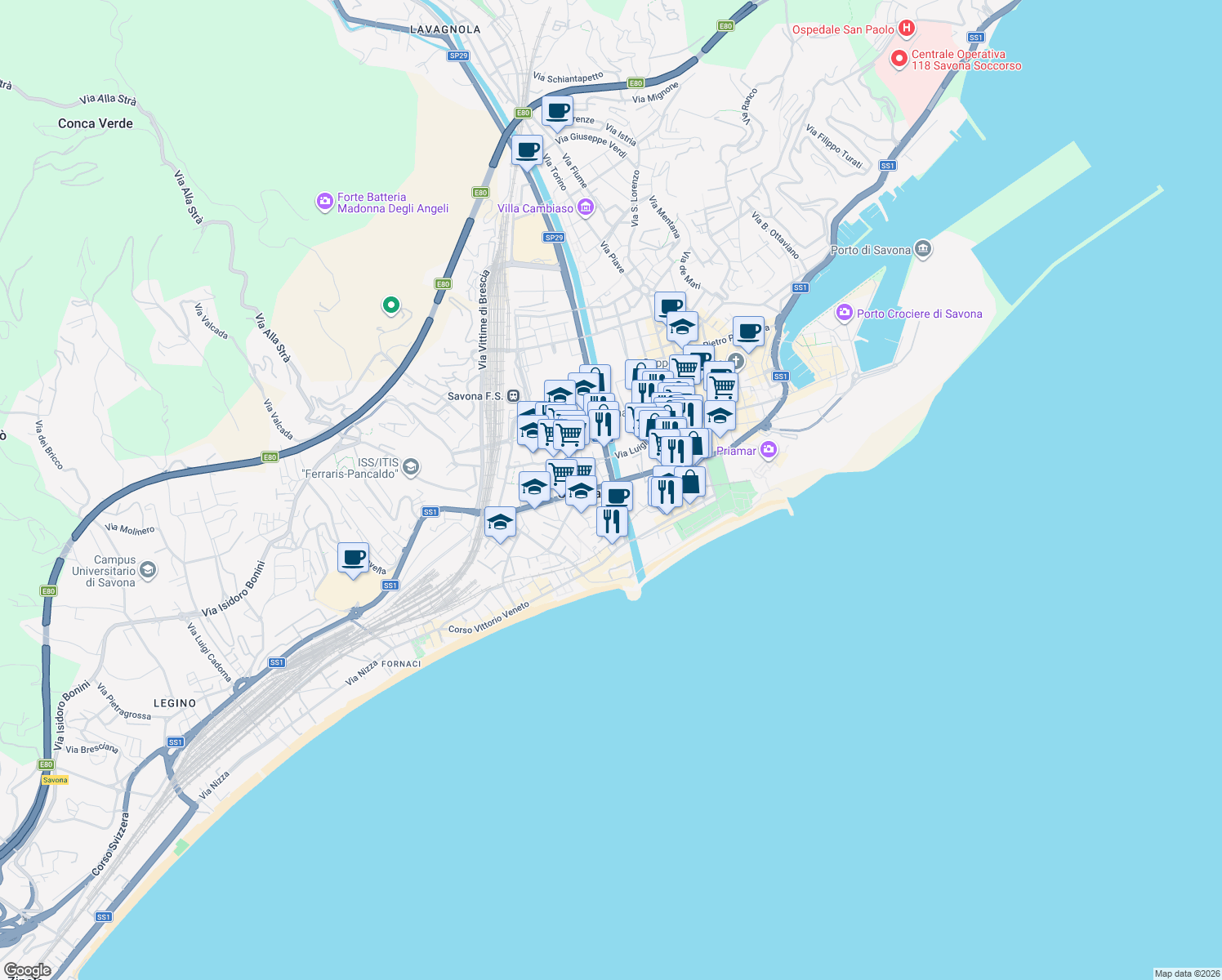 map of restaurants, bars, coffee shops, grocery stores, and more near Corso Giuseppe Mazzini in Savona