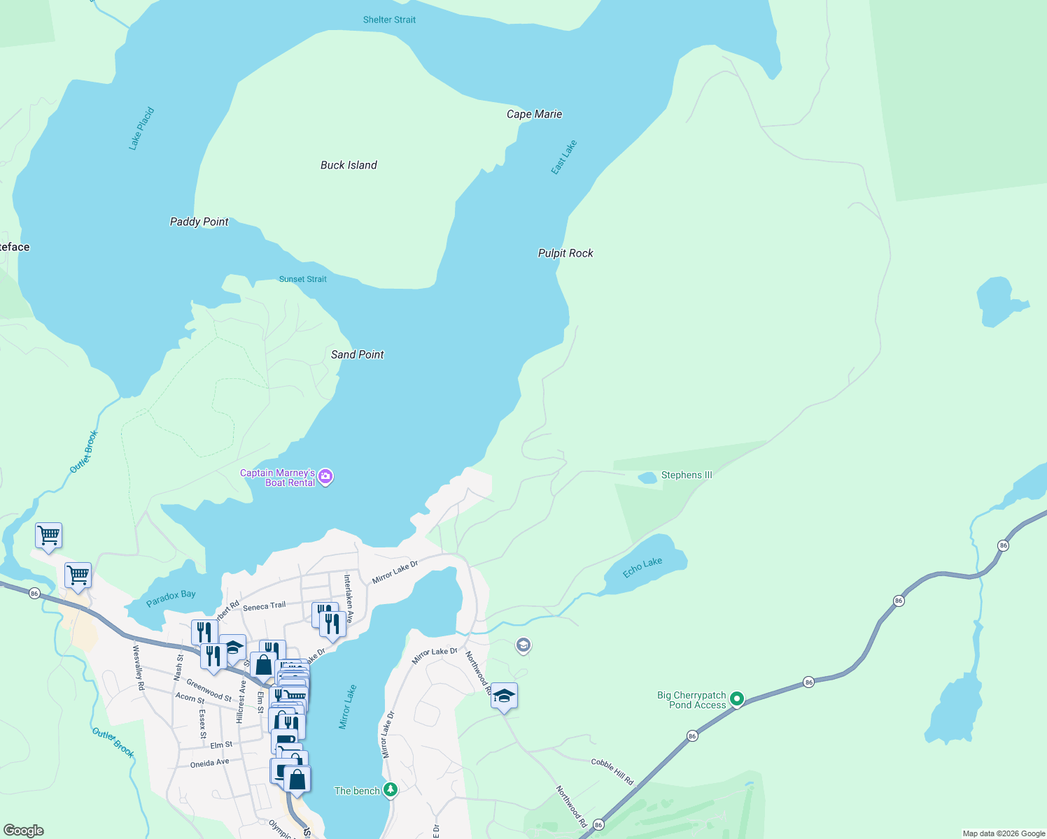 map of restaurants, bars, coffee shops, grocery stores, and more near 153 Ruisseaumont Way in Lake Placid