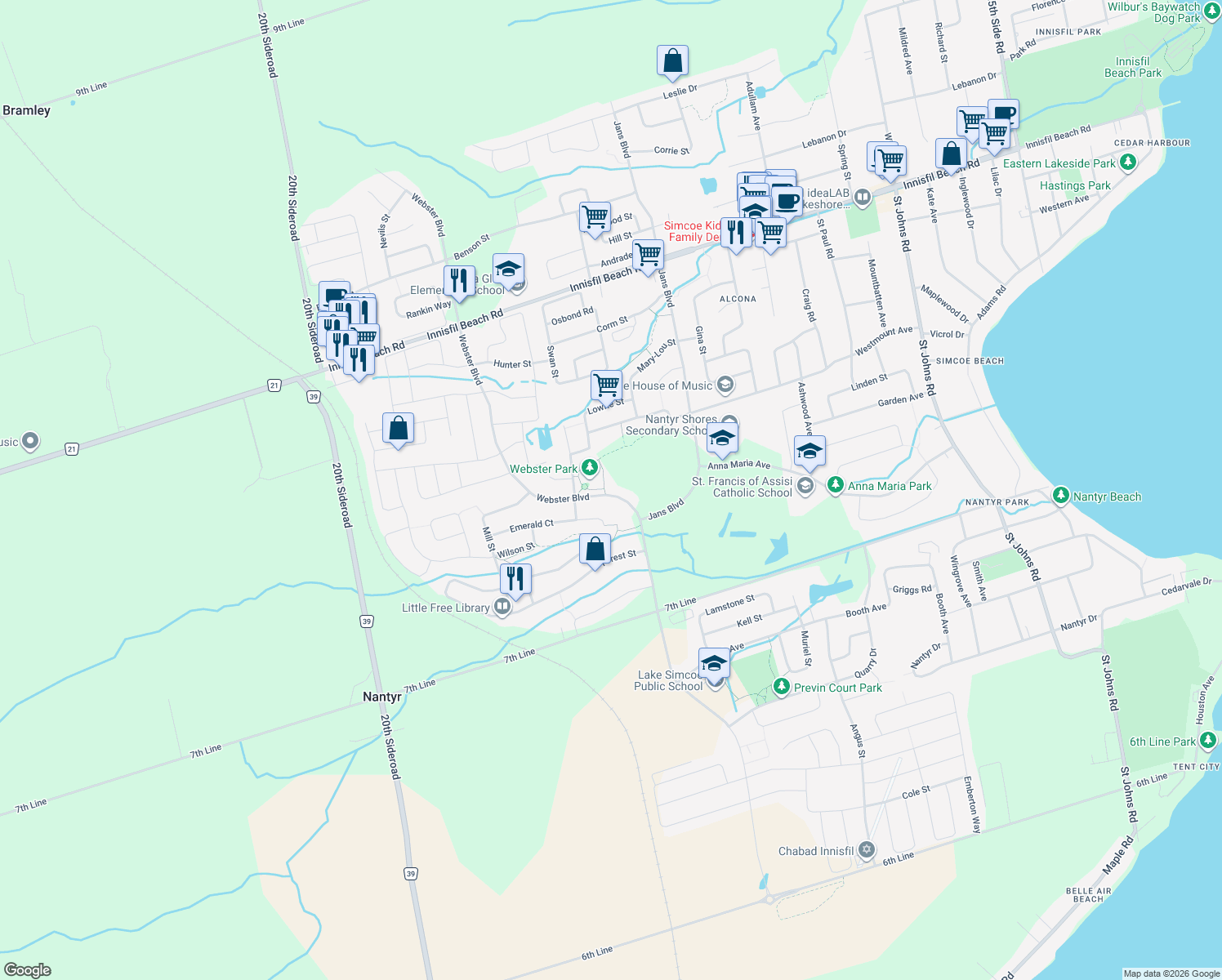 map of restaurants, bars, coffee shops, grocery stores, and more near 1921 Webster Boulevard in Innisfil