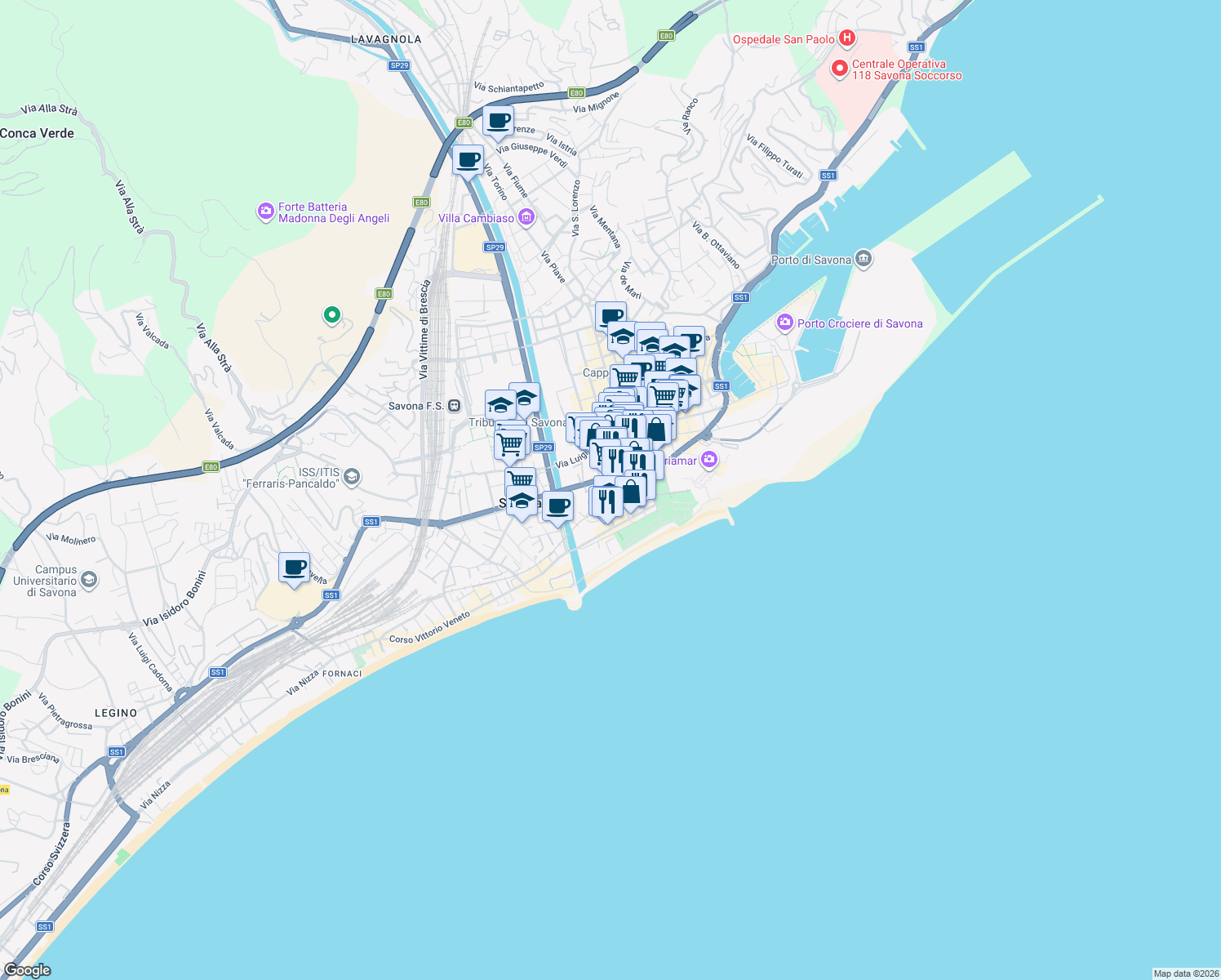 map of restaurants, bars, coffee shops, grocery stores, and more near 106 Via Bartolomeo Guidobono in Savona