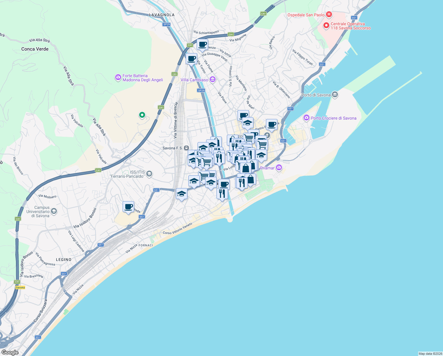 map of restaurants, bars, coffee shops, grocery stores, and more near Corso Mazzini in Savona