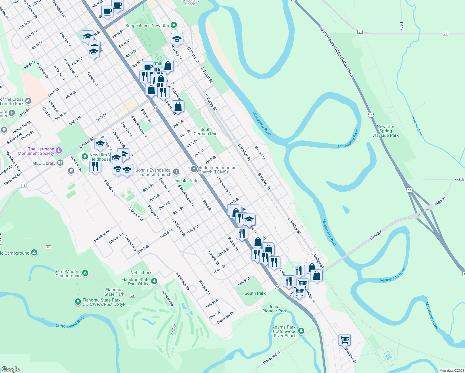 map of restaurants, bars, coffee shops, grocery stores, and more near 408 10th Street South in New Ulm