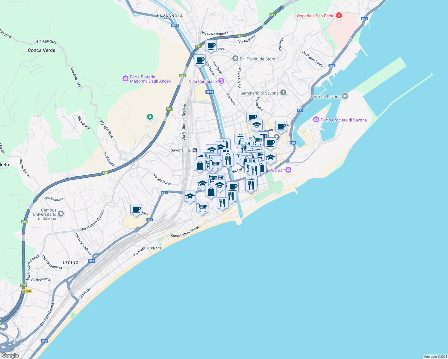 map of restaurants, bars, coffee shops, grocery stores, and more near in Savona