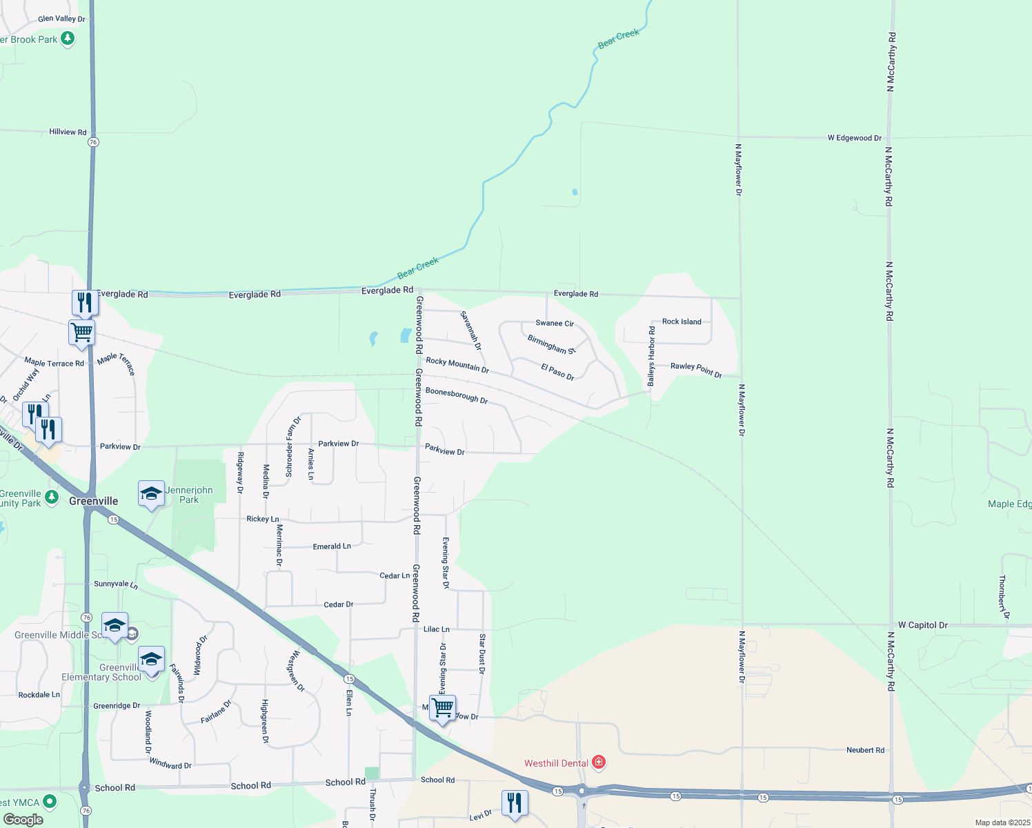 map of restaurants, bars, coffee shops, grocery stores, and more near W6384 Boonesborough Drive in Greenville