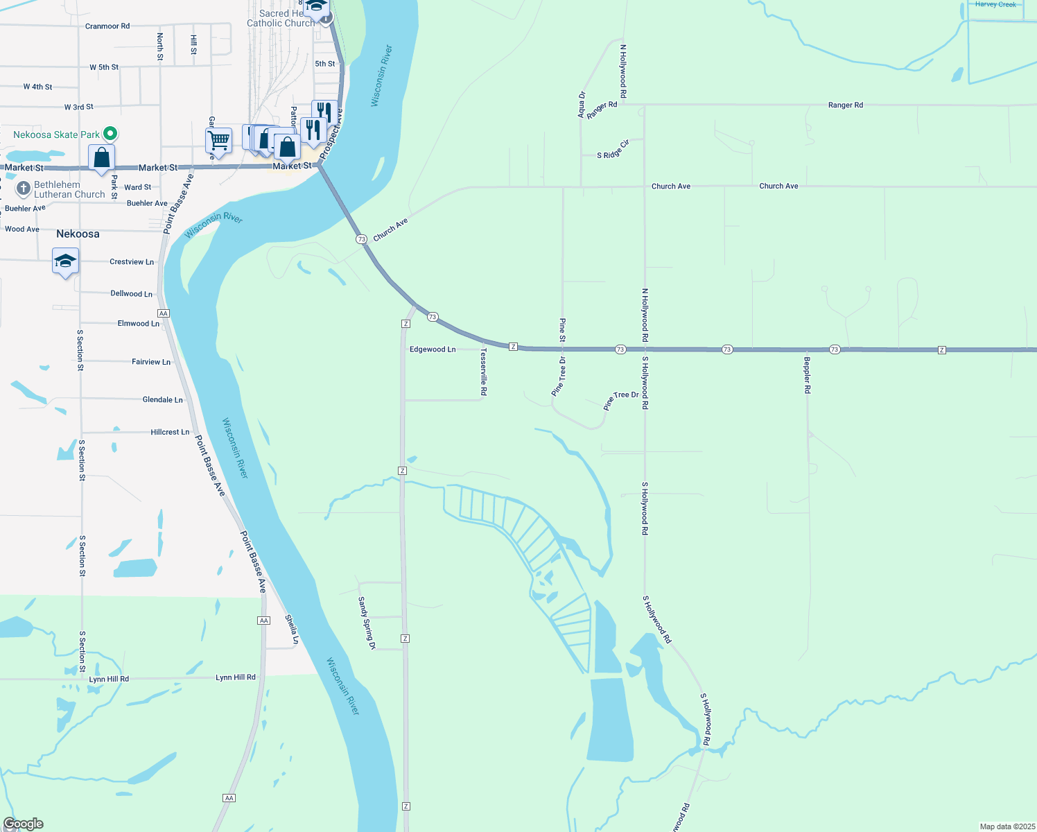 map of restaurants, bars, coffee shops, grocery stores, and more near 478 Shady Brook Lane in Nekoosa