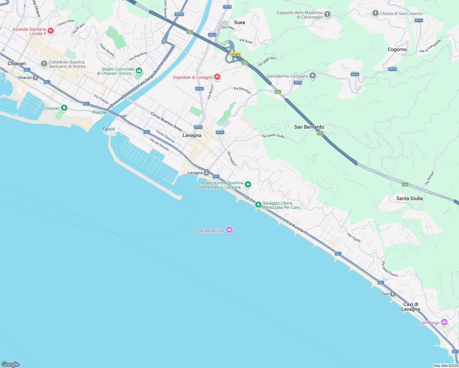 map of restaurants, bars, coffee shops, grocery stores, and more near Lungomare Labonia in Lavagna