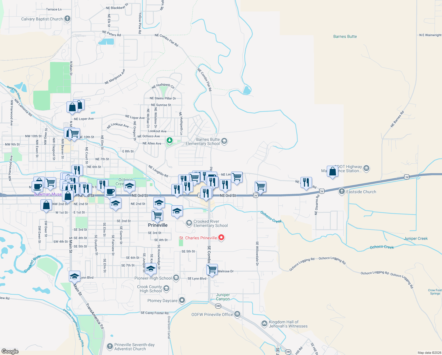 map of restaurants, bars, coffee shops, grocery stores, and more near 1802 Northeast Laughlin Road in Prineville