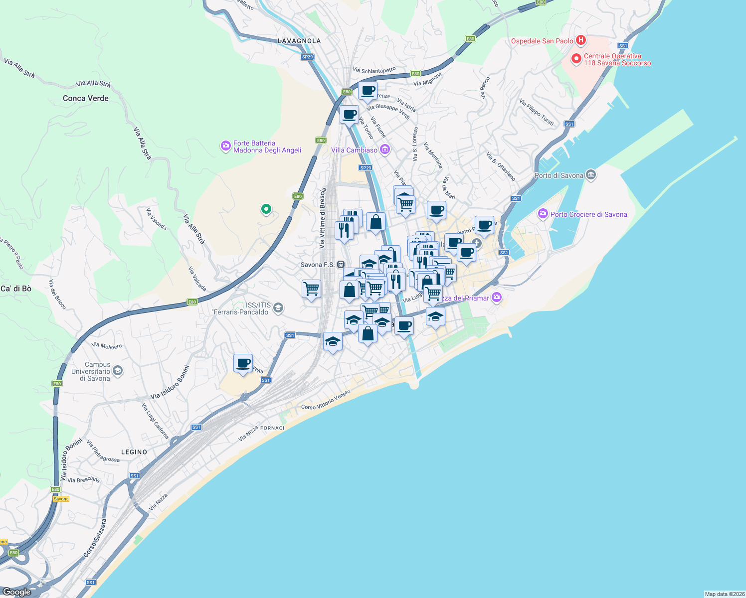 map of restaurants, bars, coffee shops, grocery stores, and more near 23 Via Giacomo Leopardi in Savona