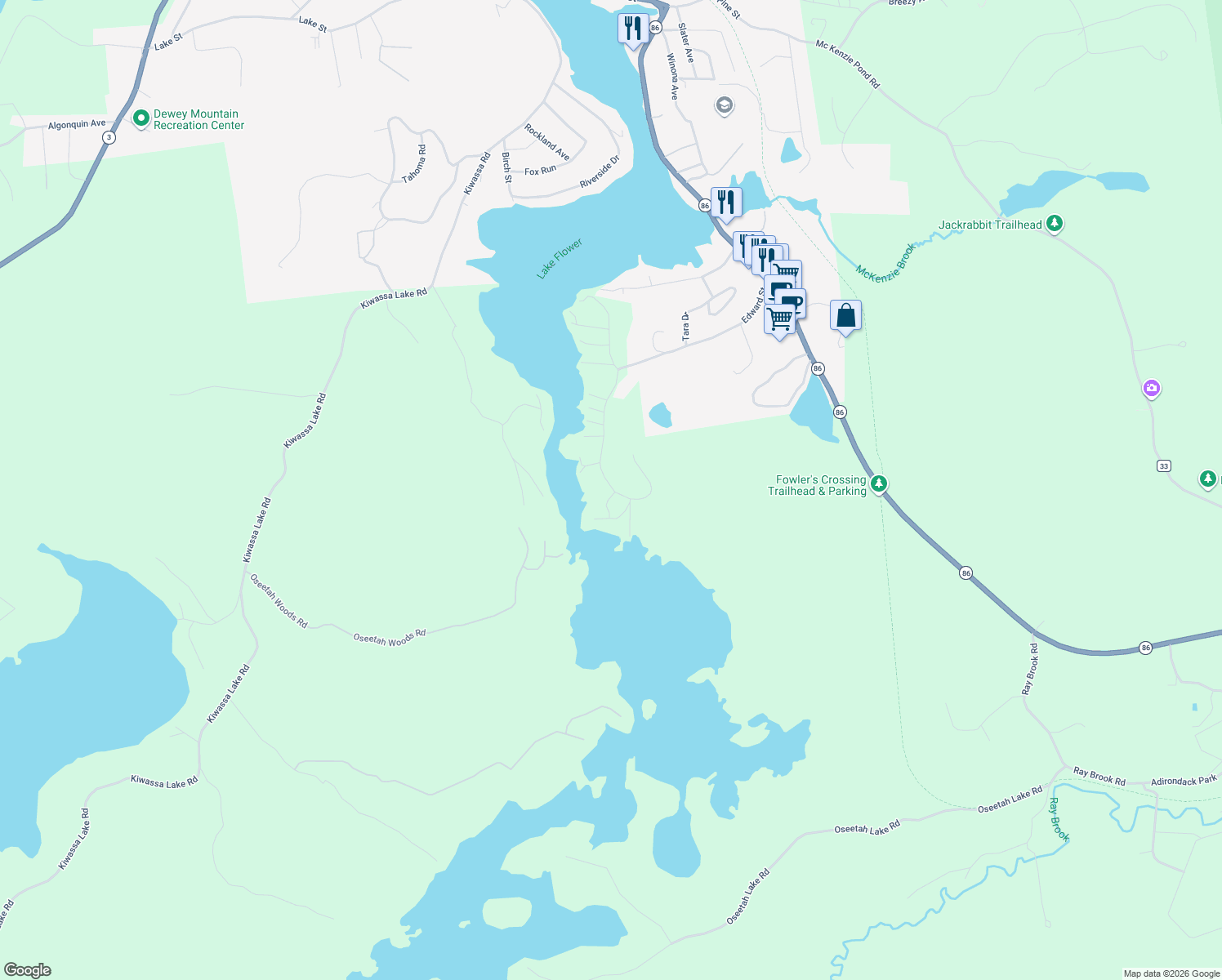 map of restaurants, bars, coffee shops, grocery stores, and more near 357 Vaughn Rd in Saranac Lake