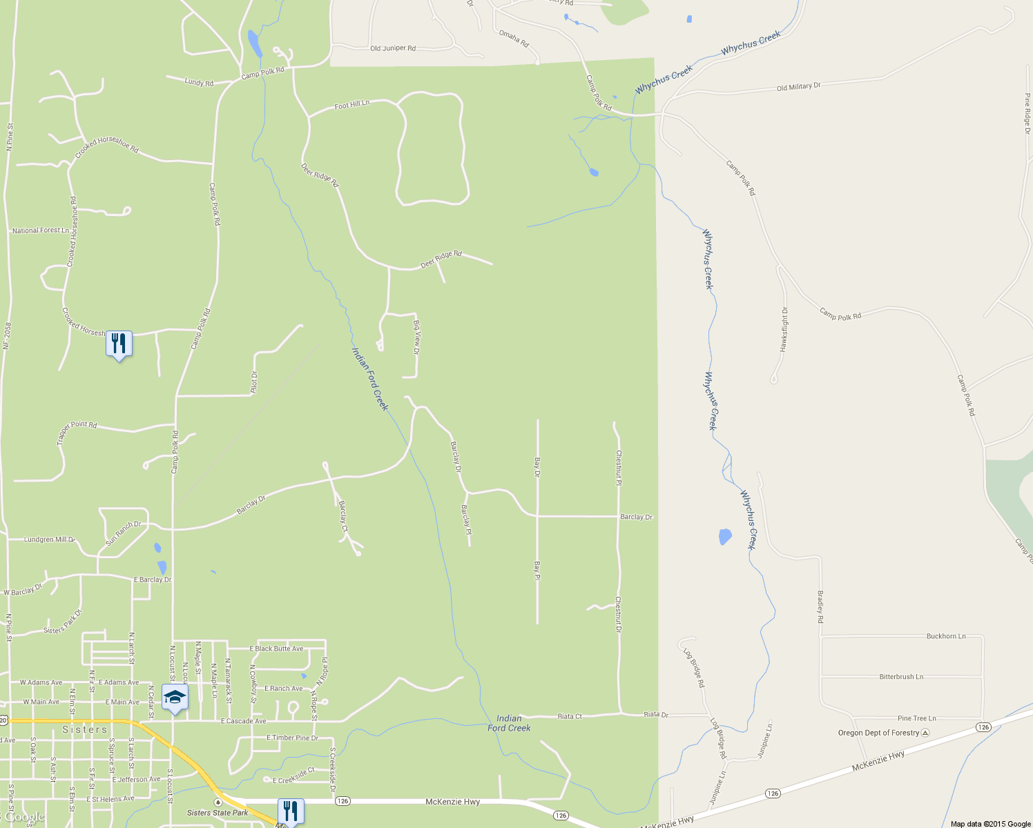 map of restaurants, bars, coffee shops, grocery stores, and more near 69173 Bay Drive in Sisters