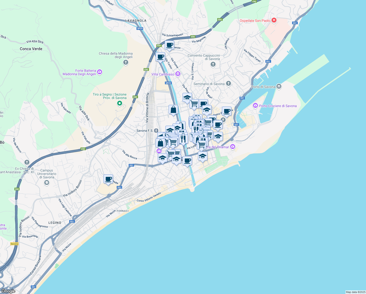 map of restaurants, bars, coffee shops, grocery stores, and more near 4 Corso Agostino Ricci in Savona