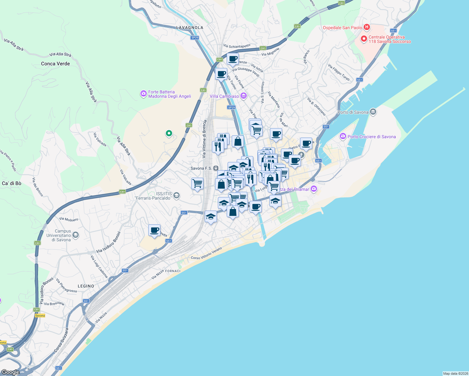 map of restaurants, bars, coffee shops, grocery stores, and more near 23 Via Giacomo Leopardi in Savona