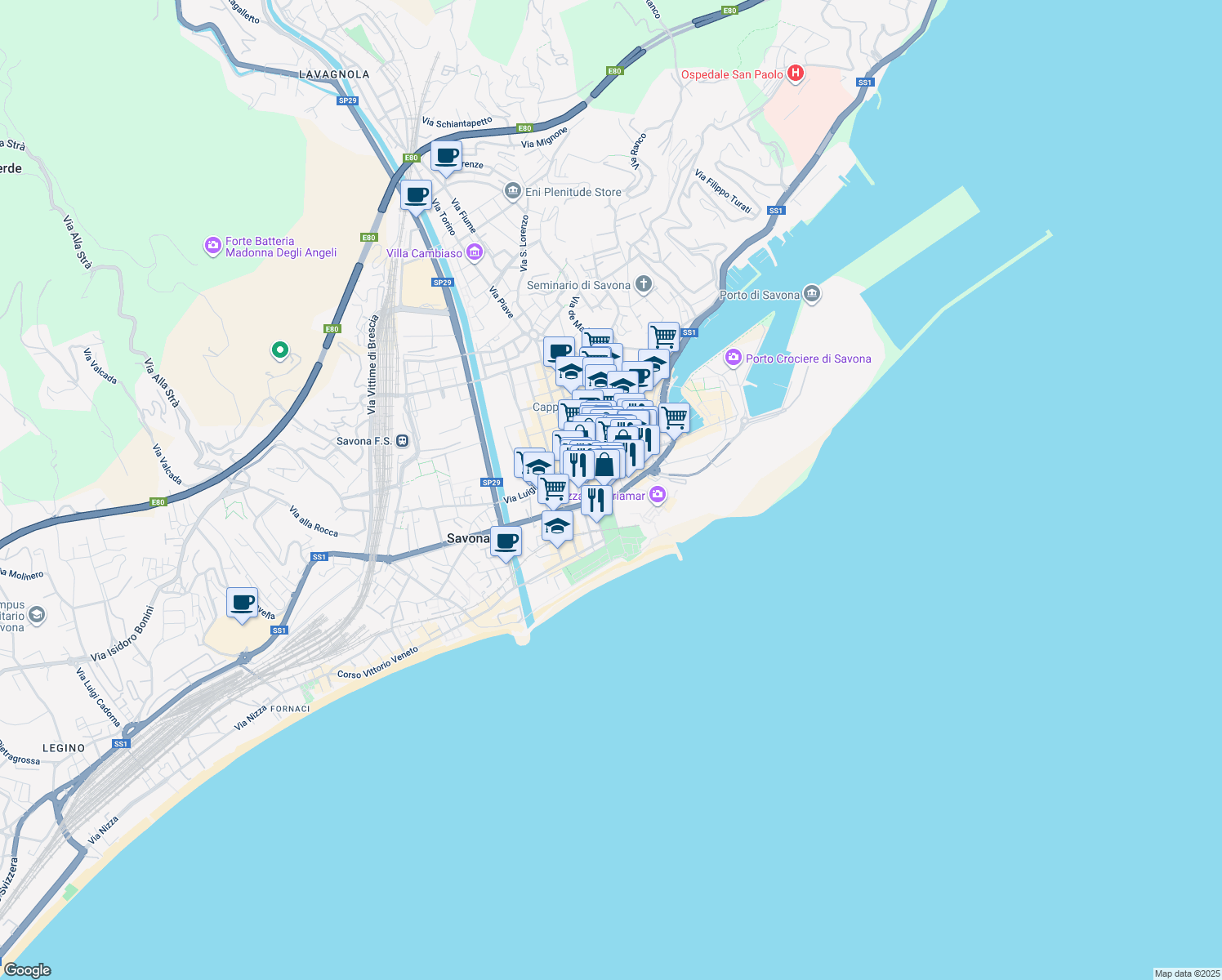 map of restaurants, bars, coffee shops, grocery stores, and more near 31 Corso Italia in Savona