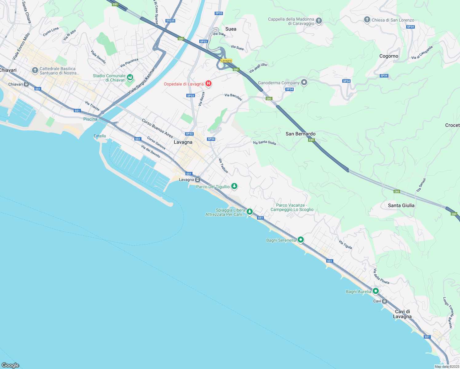 map of restaurants, bars, coffee shops, grocery stores, and more near 233 Via Aurelia in Lavagna
