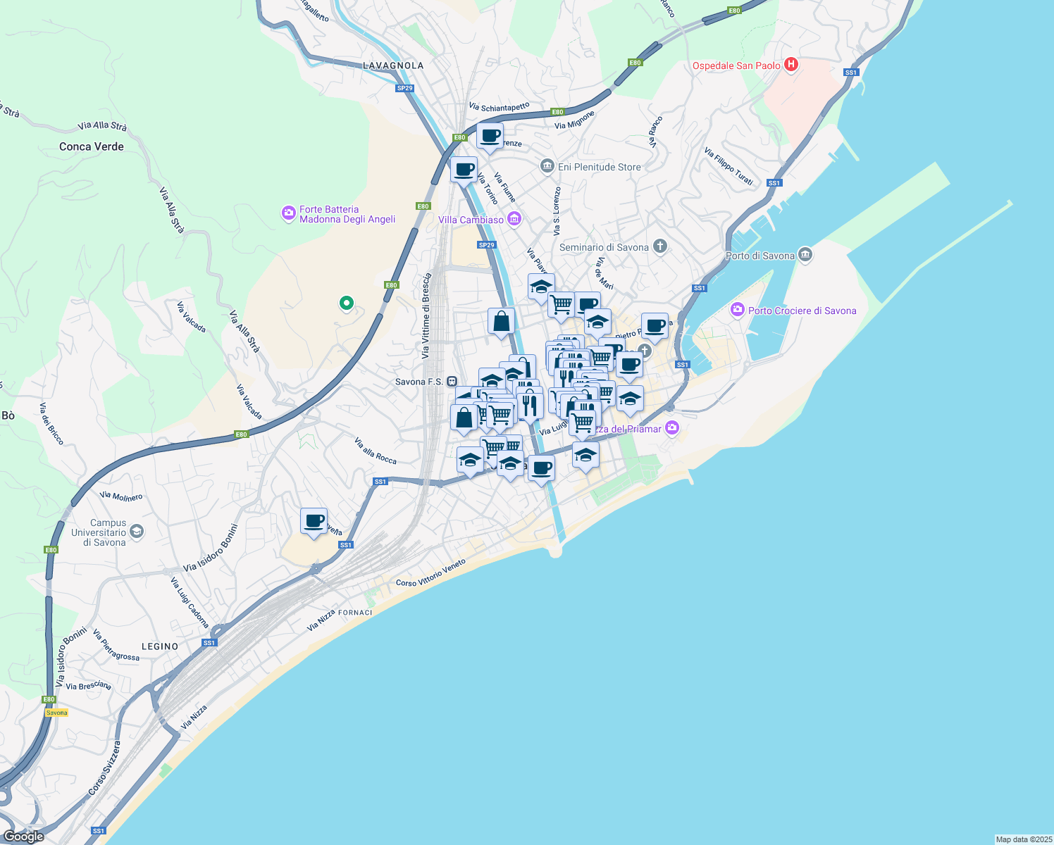 map of restaurants, bars, coffee shops, grocery stores, and more near 21 Corso Agostino Ricci in Savona