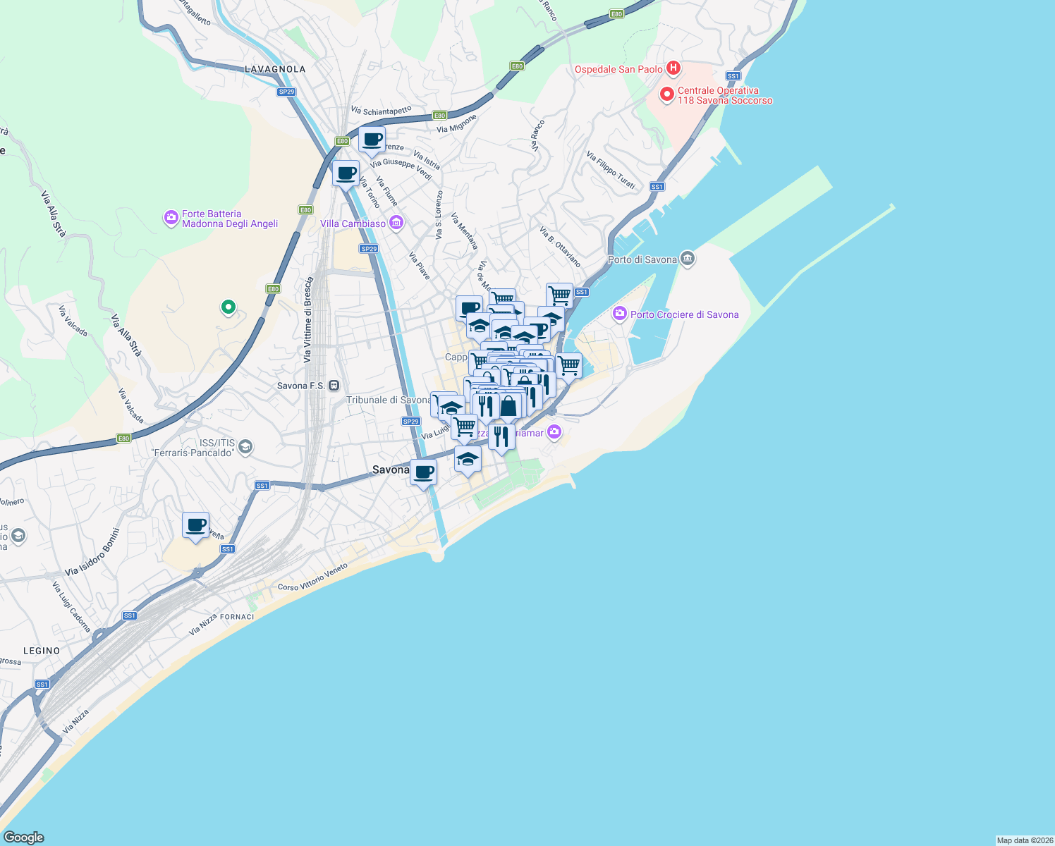 map of restaurants, bars, coffee shops, grocery stores, and more near 31 Corso Italia in Savona