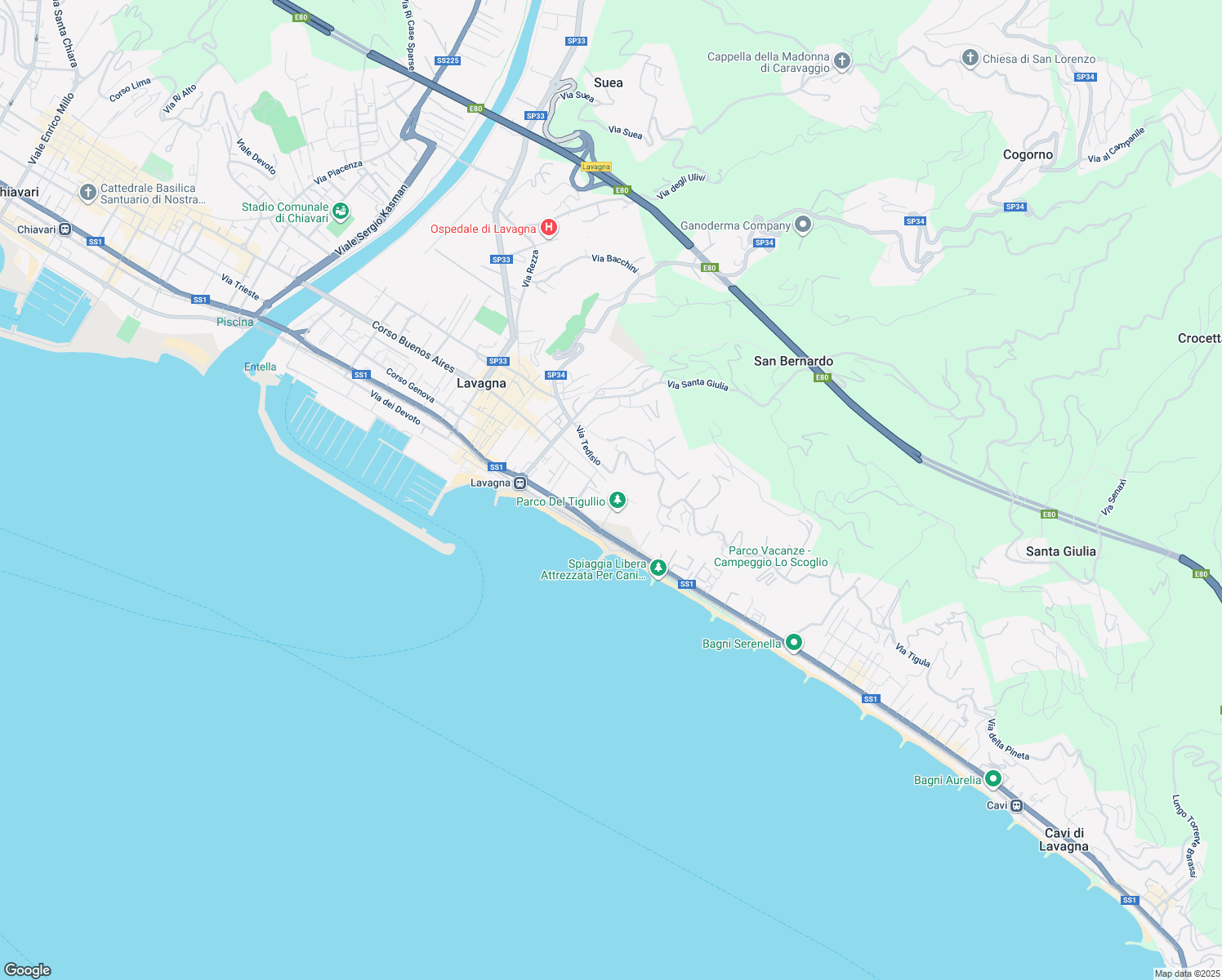 map of restaurants, bars, coffee shops, grocery stores, and more near 233 Via Aurelia in Lavagna