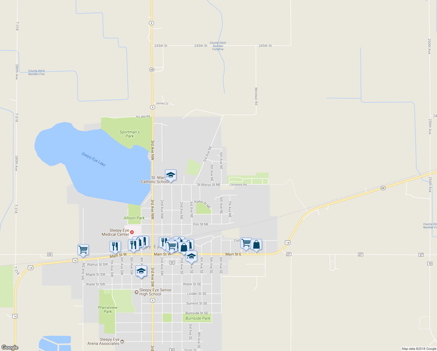 map of restaurants, bars, coffee shops, grocery stores, and more near 718 6th Avenue Northeast in Sleepy Eye