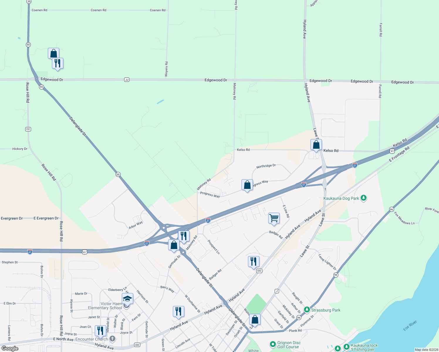map of restaurants, bars, coffee shops, grocery stores, and more near N1824 Maloney Road in Kaukauna