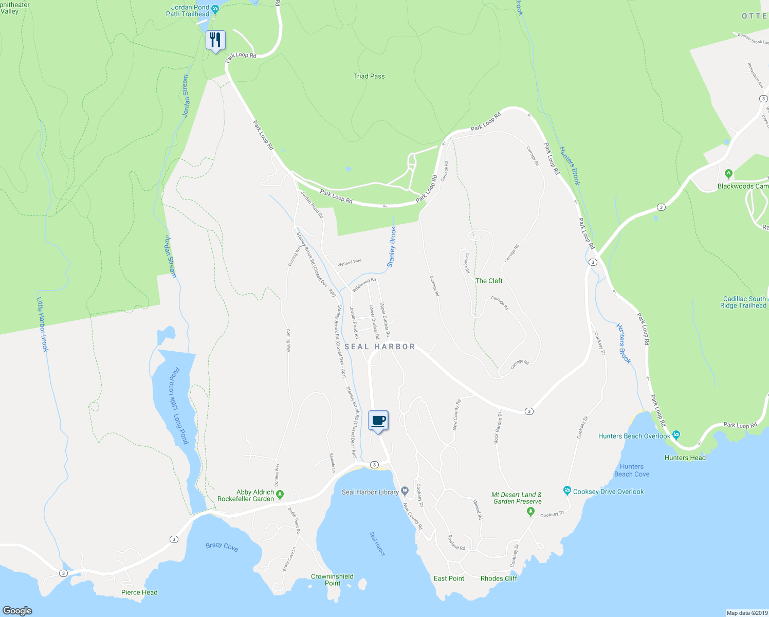 map of restaurants, bars, coffee shops, grocery stores, and more near 2 Upper Dunbar Road in Mount Desert