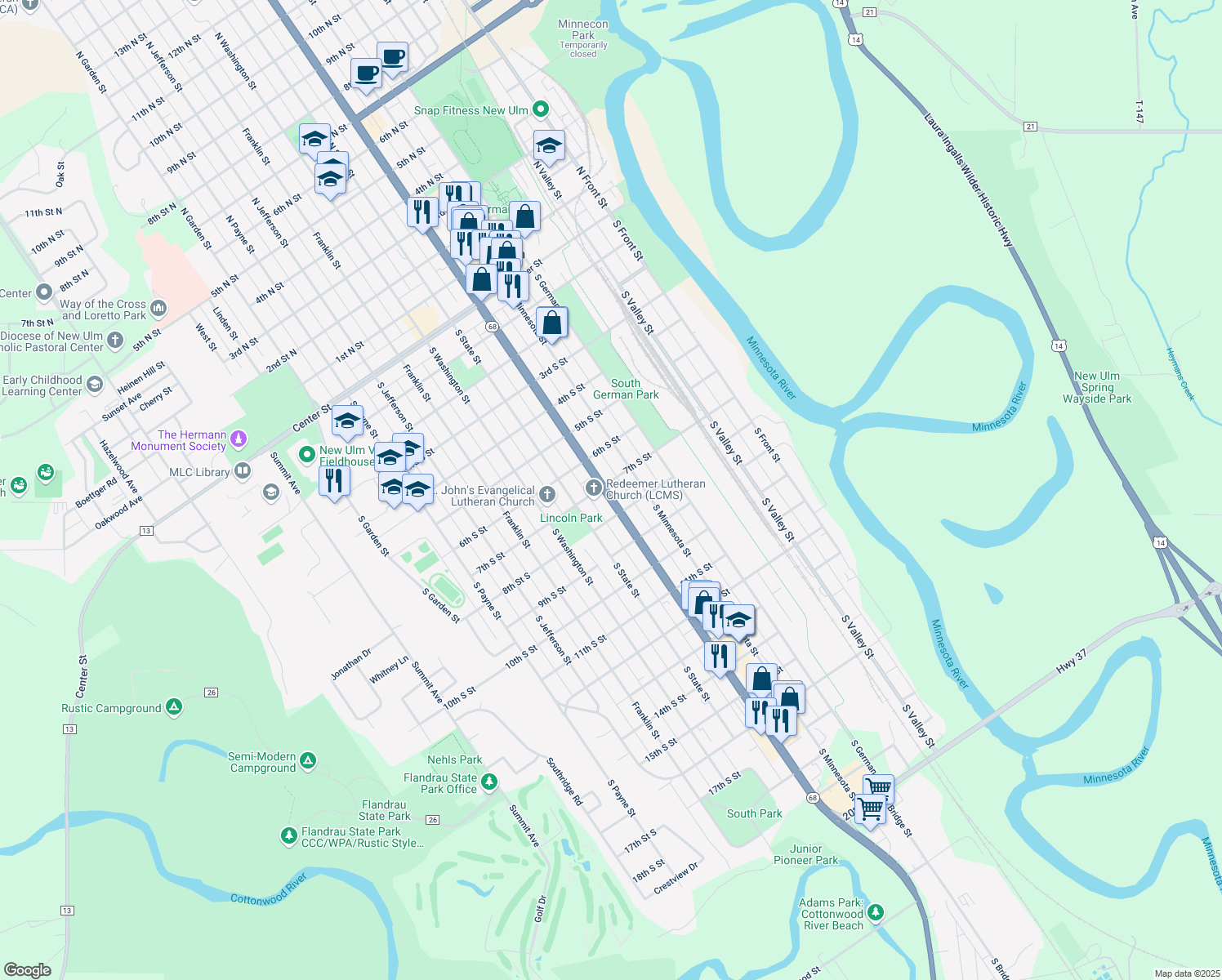 map of restaurants, bars, coffee shops, grocery stores, and more near 701 South Broadway Street in New Ulm