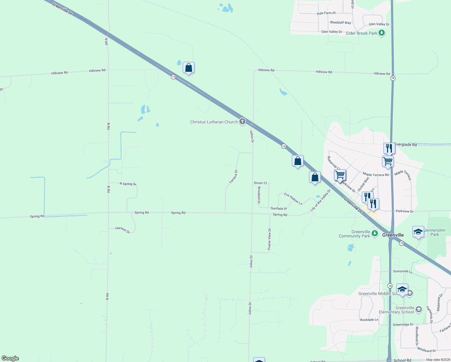 map of restaurants, bars, coffee shops, grocery stores, and more near N1777 Terrace Dr in Greenville