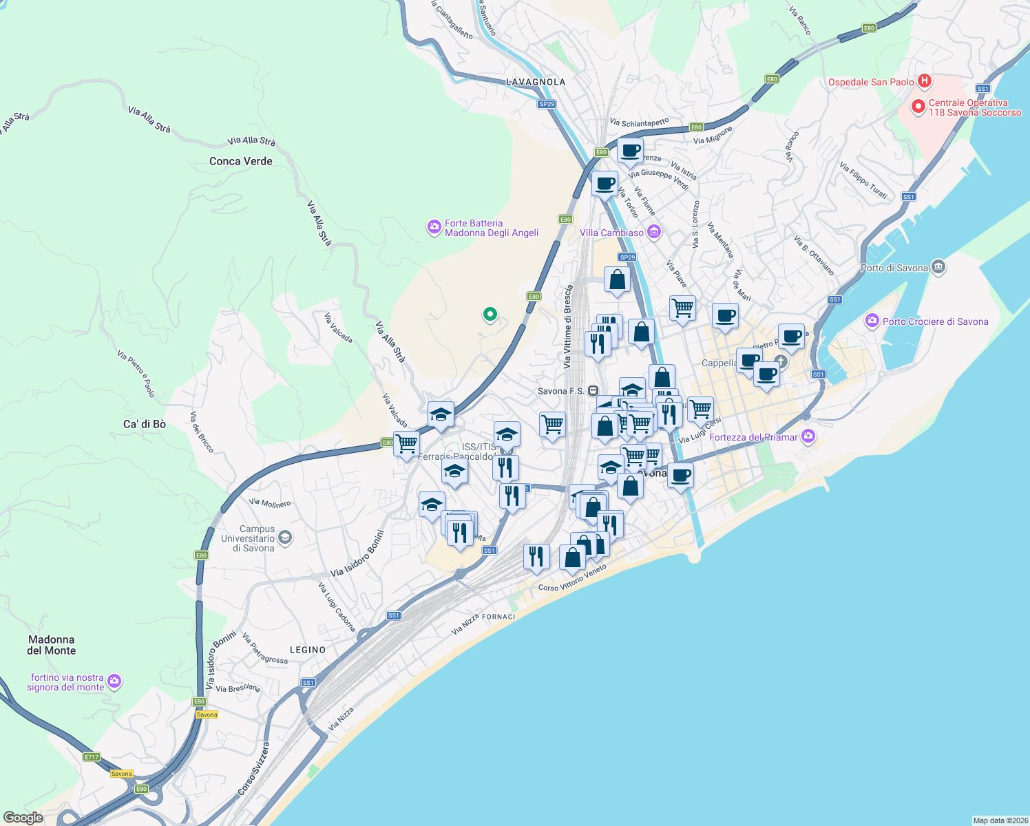 map of restaurants, bars, coffee shops, grocery stores, and more near Via Giovanni Tissoni in Savona