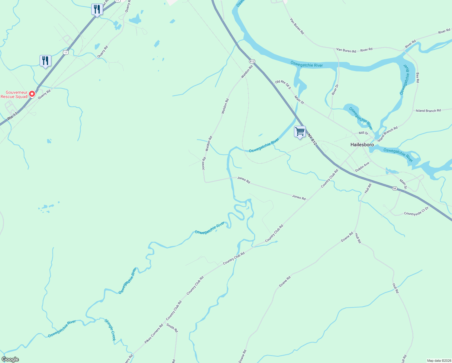 map of restaurants, bars, coffee shops, grocery stores, and more near 130 Jones Rd in Gouverneur