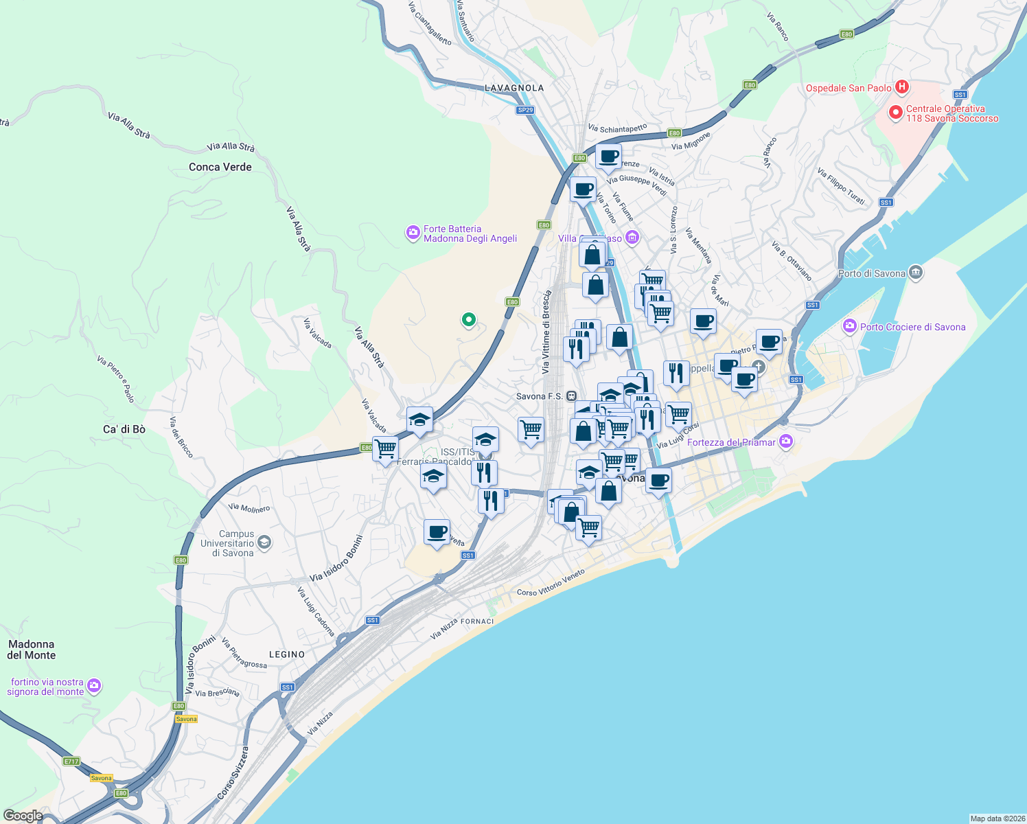 map of restaurants, bars, coffee shops, grocery stores, and more near 14 Via Fontanassa in Savona
