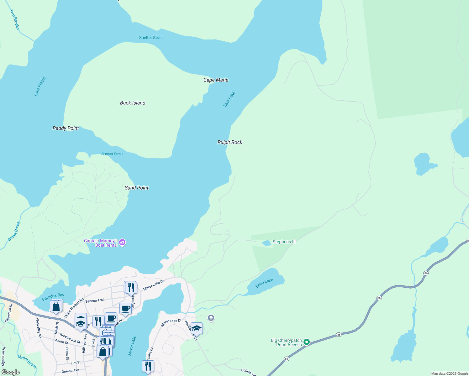map of restaurants, bars, coffee shops, grocery stores, and more near Ruissemont Road in Lake Placid