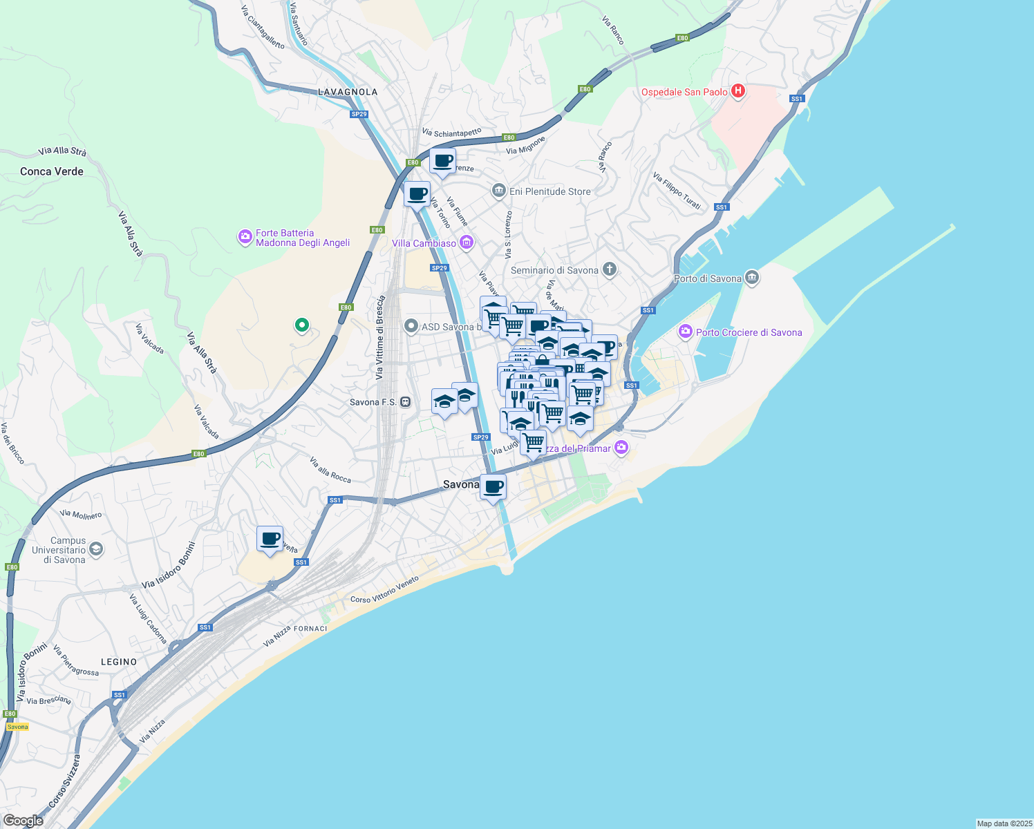 map of restaurants, bars, coffee shops, grocery stores, and more near 16 Via Bartolomeo Guidobono in Savona