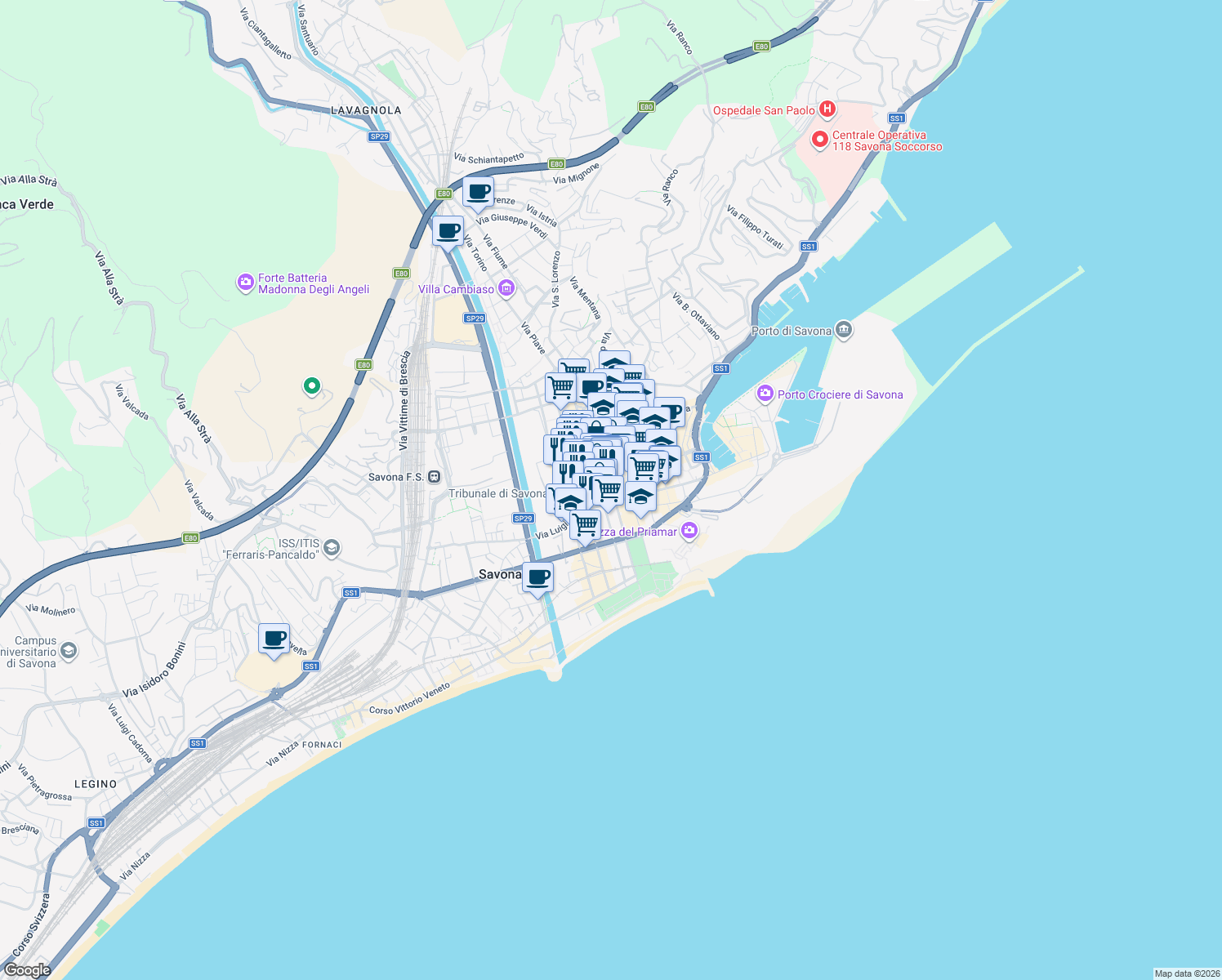 map of restaurants, bars, coffee shops, grocery stores, and more near 22 Via Astengo in Savona