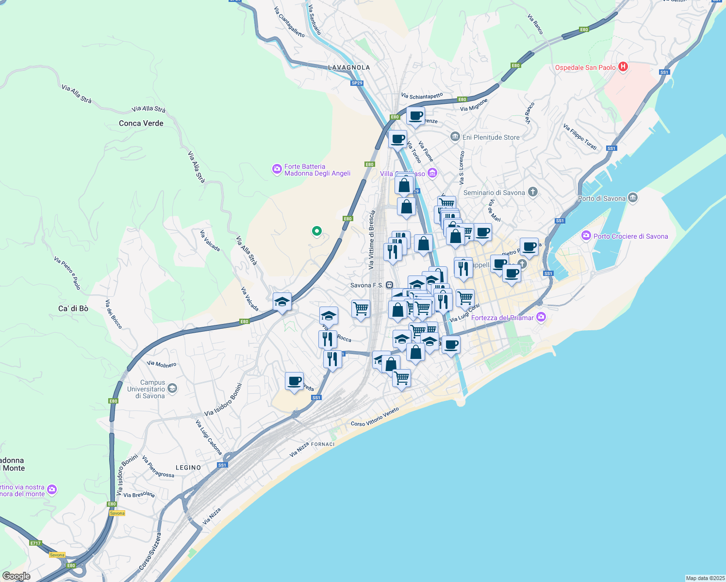 map of restaurants, bars, coffee shops, grocery stores, and more near 20 Via Vittime di Brescia in Savona
