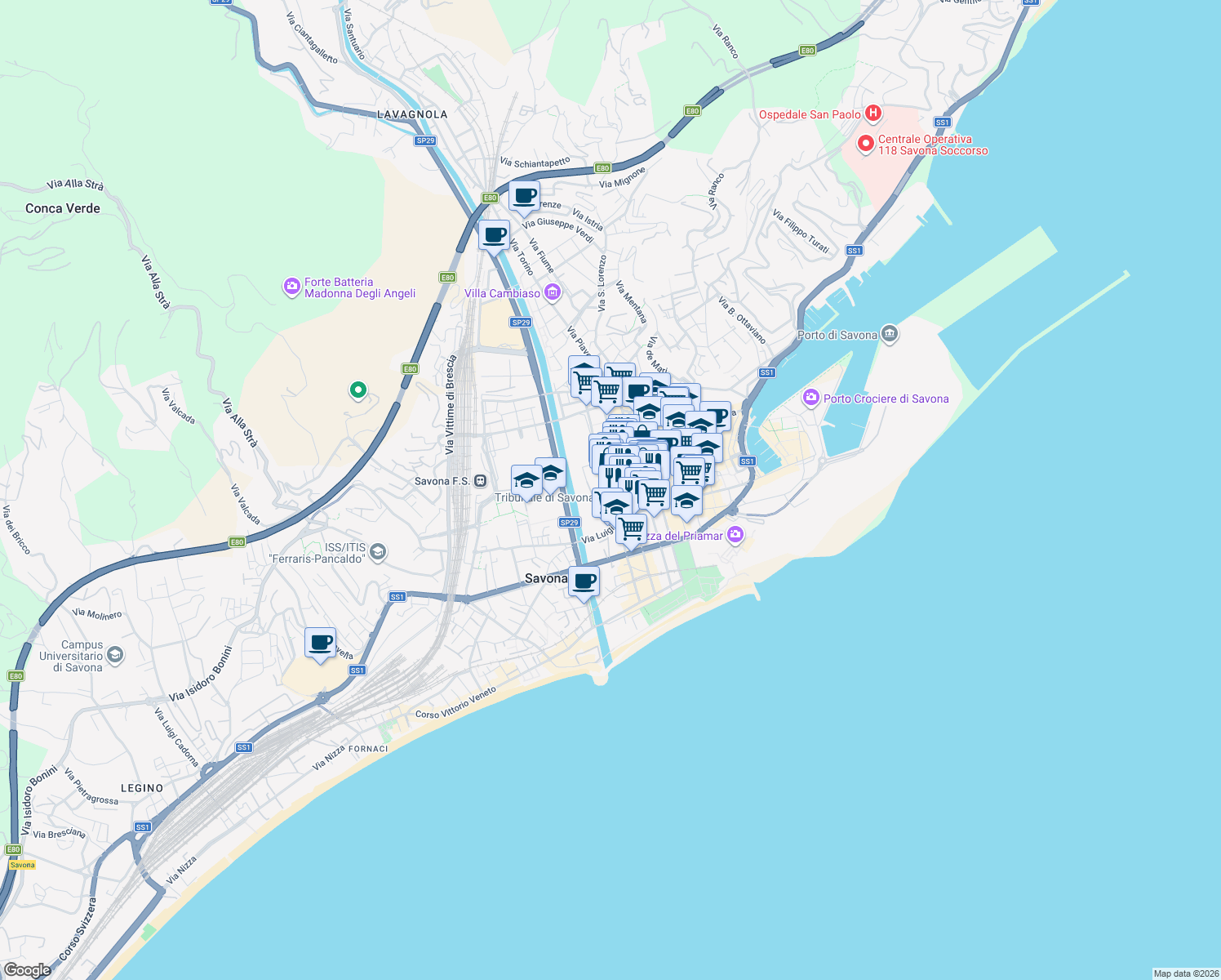 map of restaurants, bars, coffee shops, grocery stores, and more near 16 Via Bartolomeo Guidobono in Savona