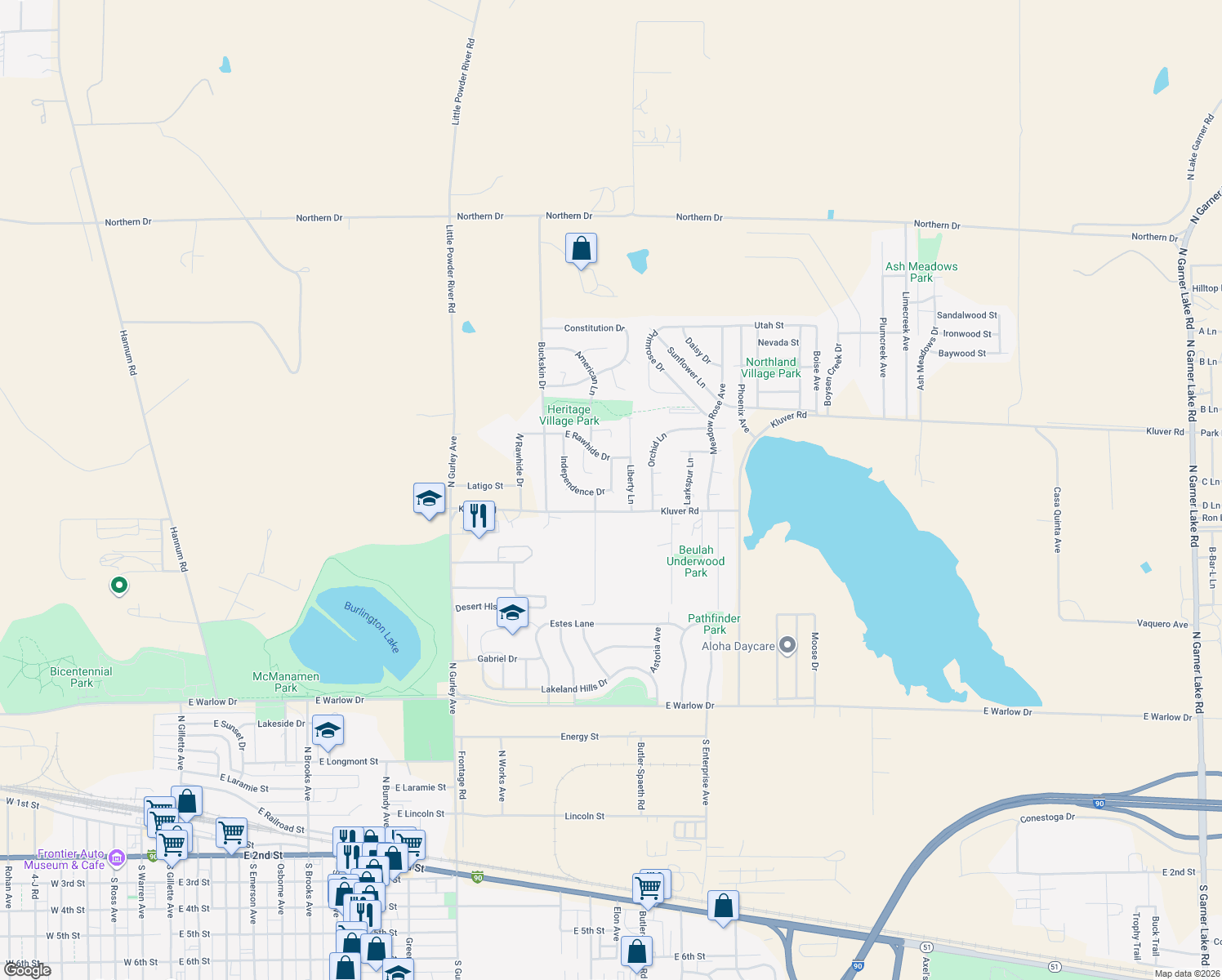 map of restaurants, bars, coffee shops, grocery stores, and more near 82 Independence Dr in Gillette