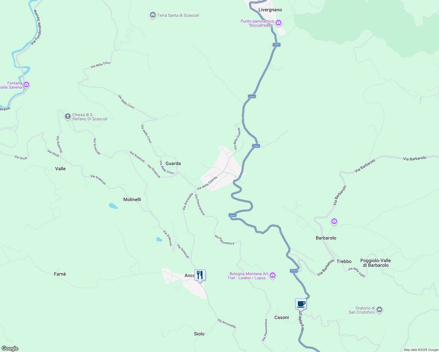 map of restaurants, bars, coffee shops, grocery stores, and more near 19 Via della Guarda in Guarda
