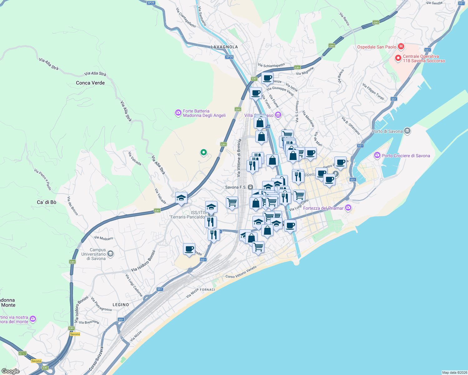 map of restaurants, bars, coffee shops, grocery stores, and more near 20 Via Vittime di Brescia in Savona
