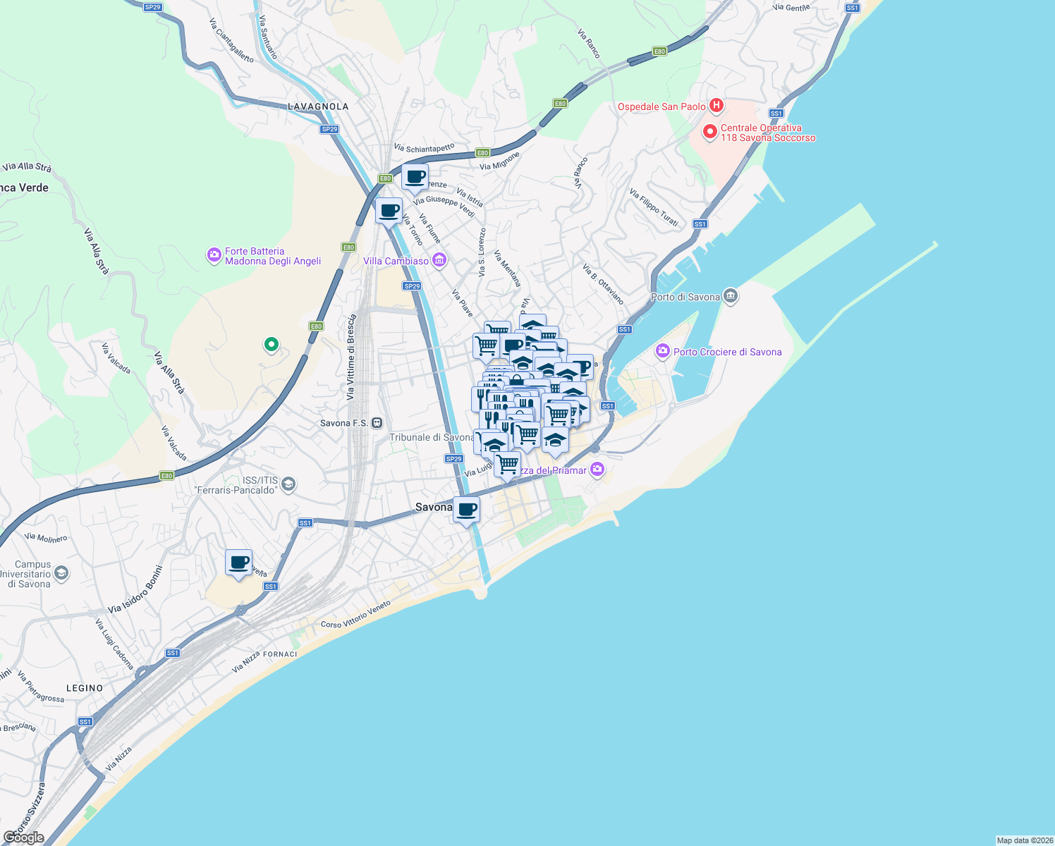 map of restaurants, bars, coffee shops, grocery stores, and more near 22 Via Astengo in Savona