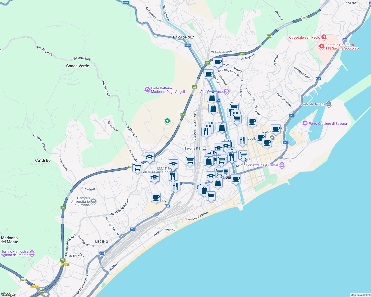 map of restaurants, bars, coffee shops, grocery stores, and more near 14 Via Fontanassa in Savona