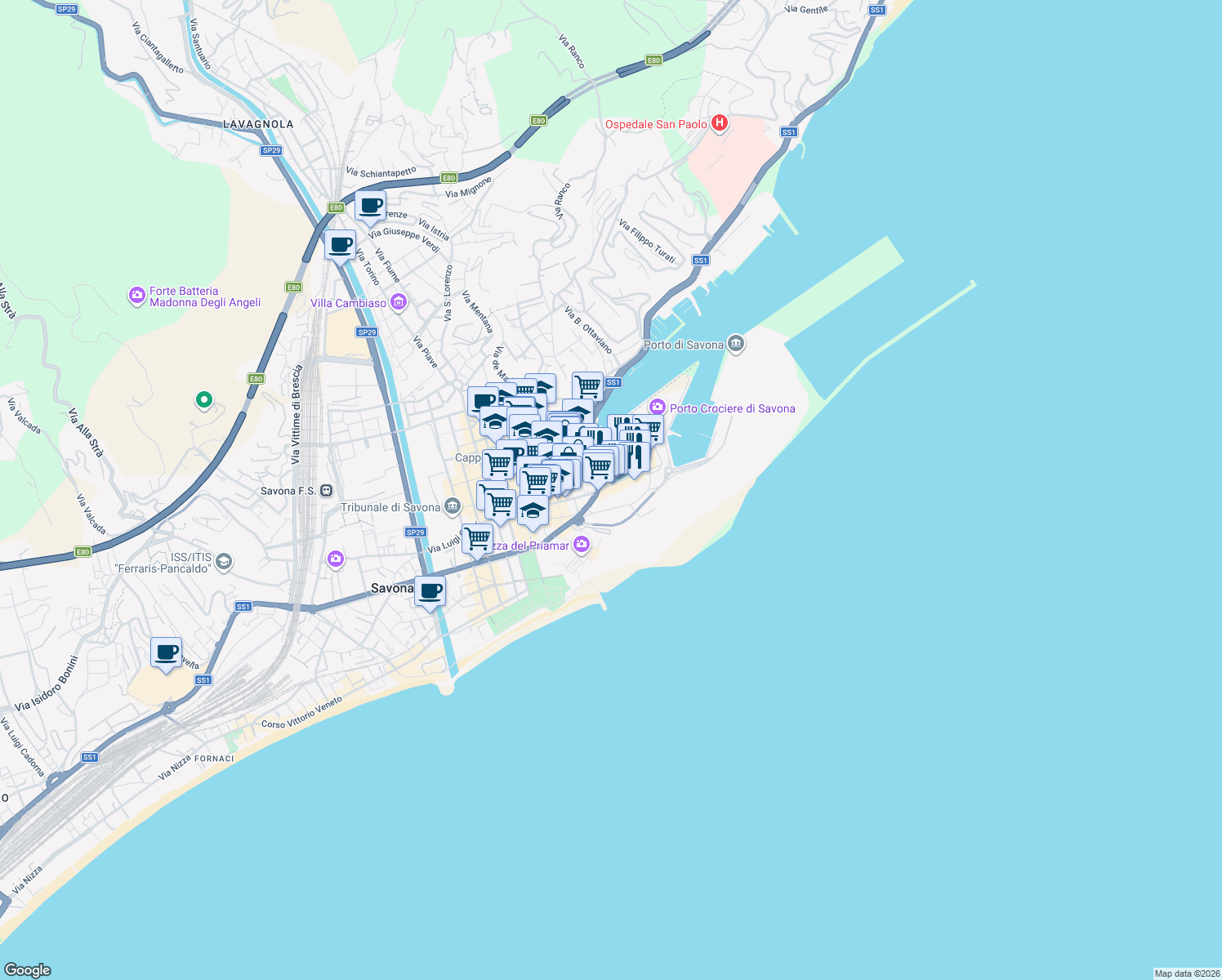 map of restaurants, bars, coffee shops, grocery stores, and more near 18 Via Calata Pietro Sbarbaro in Savona