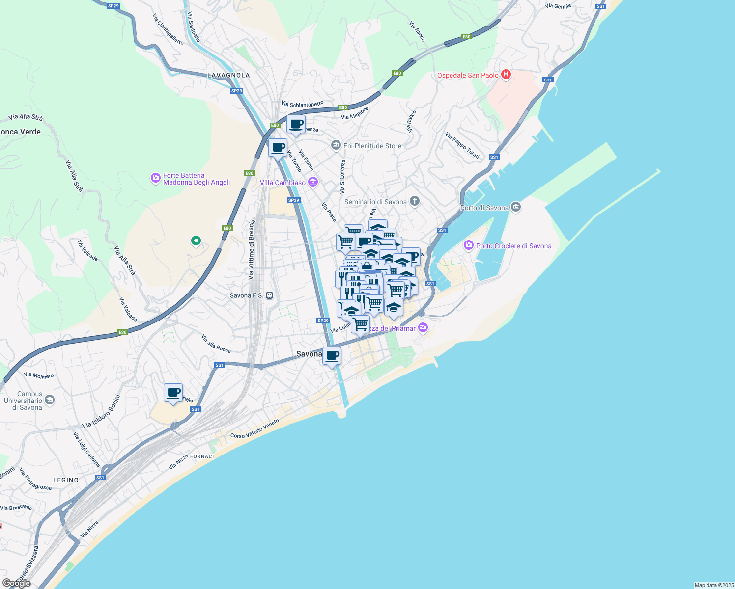 map of restaurants, bars, coffee shops, grocery stores, and more near 5 Via Montenotte in Savona