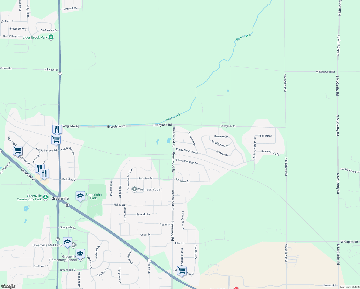 map of restaurants, bars, coffee shops, grocery stores, and more near W6479 Lynchburg Drive in Greenville